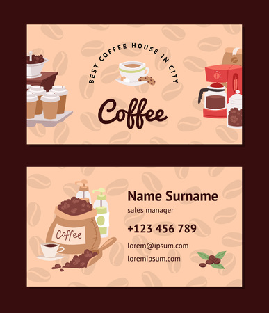 Coffee pattern vector coffeebeans business card coffeecup drink hot espresso or cappuccino in coffeeshop backdrop set mug with caffeine in bar illustration business-card backgroundのイラスト素材