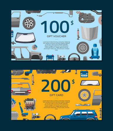 Auto spare parts icons voucher or gift card. Car service, shop with accessories for vehicle vector illustration. Car detail, repair, gear brake, seat windshield, wheel, bumper, door, mirror.のイラスト素材