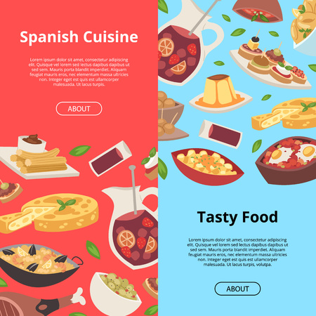 Spanish food vector pattern traditional european cuisine meal of spain backdrop restaurant menu dinner lunch mediterranean paella cheese tapas background set.のイラスト素材