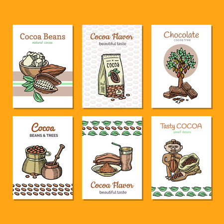 Cocoa vector cartoon chocolate sweet food from coco-beans cocoa-tree illustration backdrop of tropical fruit and choco cacao-powder for beverage drinks background banner.のイラスト素材