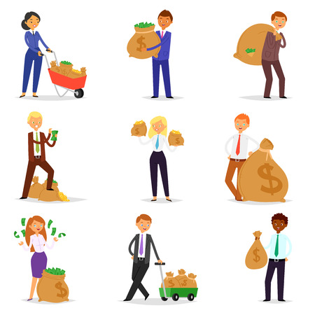 People money vector wealth man woman person character holding bag with coins cash currency illustration banking set of business financial investment isolated on white background.のイラスト素材