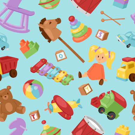 Set of different cartoon vector kids toys collection background playfull children stuff. Different cartoon vector toys Hors, piranide, car, ball.のイラスト素材