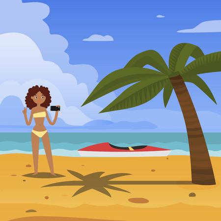 Girl talking selfie banner flatのイラスト素材