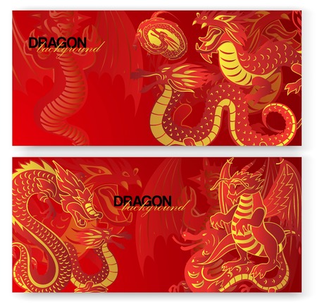 Traditional Chinese red dragon  set of bannersのイラスト素材