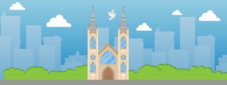 Catholic church with spire and stained glass windows banner vector illustration. Beautiful place in city. Catholic Roman Christian temple. Old medieval building. Gothic attraction.のイラスト素材