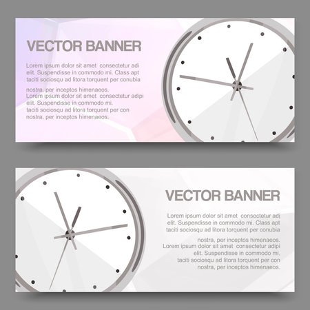 Clock realistic detailed set of banners, horizontal cards with place for text for business presentation vector illustration. Time management. Modern template watch design.のイラスト素材