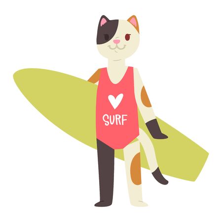 Surf vector cat animal surfer character surfing on surfboard illustration animalistic cartoon young sportsman kitty girl and on wakeboard isolated on white backgroundのイラスト素材