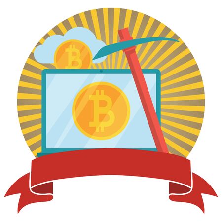 Bitcoin and cryptocurrency mining circled emblem with banner. Crypto currency bit coin. Web and Internet bitcoin money logo. Vector illustration.のイラスト素材