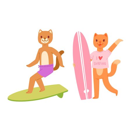 Surf vector cat dog animal surfer character surfing on surfboard illustration animalistic set of cartoon young sportsman kitty girl and doggy boy on wakeboard isolated on white backgroundのイラスト素材