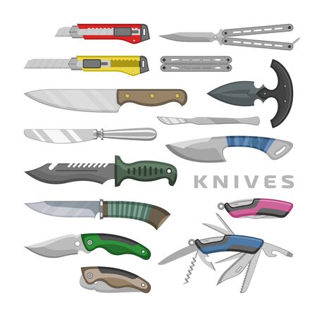 Knife vector penknife steel tool metal blade cutting equipment illustration set of pocket-knife metallic chopping-knife cutter sharp knifepoint weapon utensil design isolated on white backgroundのイラスト素材
