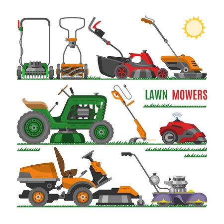 Lawn mower vector gardening lawnmower equipment mowing cutter tool illustration set of mower-engine machine grass-cutter tractor garden trimmer isolated on white backgroundのイラスト素材