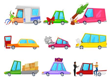 Cartoon car accident comic minicar and broken vehicle after automobile accident with pedestrian character and minivan or auto with trailers set illustration isolated on white backgroundの写真素材