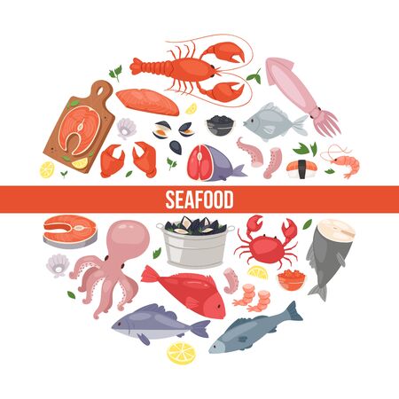 Seafood and fish flat cartoon banner vector illustration. Fish salmon steak with lemon, shrimp, squid, octopus, lobster with crabs and tuna. Fresh products for restaurants and cafes.の写真素材