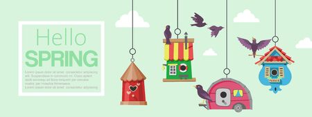 Birdhouses with flying birdsのイラスト素材