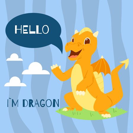 Baby dragon with text hello banner vector illustration. Cartoon funny character with wings. Fairy dinosaurs greeting, invitation card. Magical standing on grass with clouds back. Imaginery beast.のイラスト素材