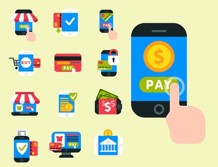 Mobile payments icons smartphone transaction ecommerce wallet wireless connection banking card credit pay.の写真素材