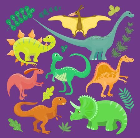 Dinosaur kid hand drawn cartoon style collection set illustration. Dino reptile cute monster funny animal and prehistoric character tyrannosaurus, brontosaurus, triceratops fantasy dinosaursの写真素材