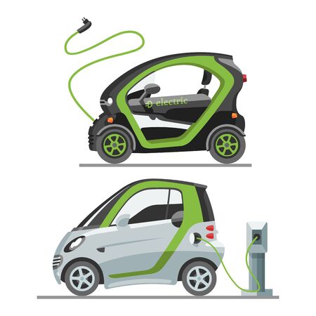 Electric car with solar panels eco transport illustration automobile socket electrical car battery charger.の写真素材