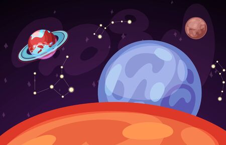 Space and planet landscape vector illustration. Planets surface with craters, stars and comets in dark space. Space sky with Saturn, Earth and Venus and constellation.のイラスト素材