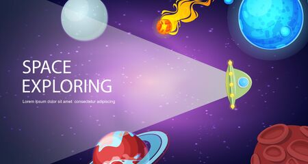Flying spaceship in cosmos universe with planets, asteroids vector illustration. Spacecraft in solar system with earth , saturn, moon and pluto space exploring background.のイラスト素材