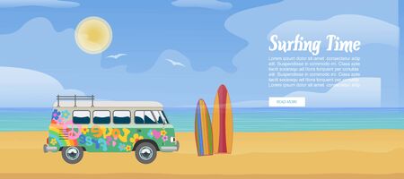 Surfing van on the sandy beach, surfboard, sea waves and clear sunny day vector illustration. Surf bus poster design for sport vacation with typography.のイラスト素材