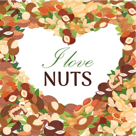 Nuts vector poster. Peanut or coconut and hazelnut, pistachio or almond, walnut and macadamia in form of heart. I love nuts lettering illustration.のイラスト素材