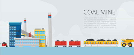 Coal mine factory vector illustration. Mining and mineral excavation equipment flat banner with carbon trucks transportation and industry.のイラスト素材