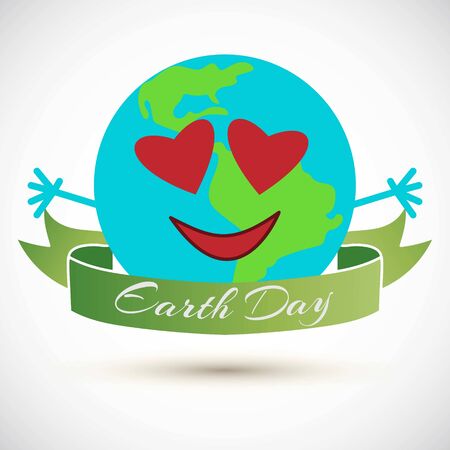 Earth globe with heart icons vector illustration for postcard. Earth day banner. Cute cartoon earth planet with hands and love eyes.のイラスト素材