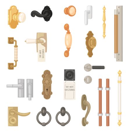 Door handle vector vintage doorknob to lock doors at home and retro metal door-handle in house interior illustration set of entrance door-knob design isolated on white backgroundのイラスト素材