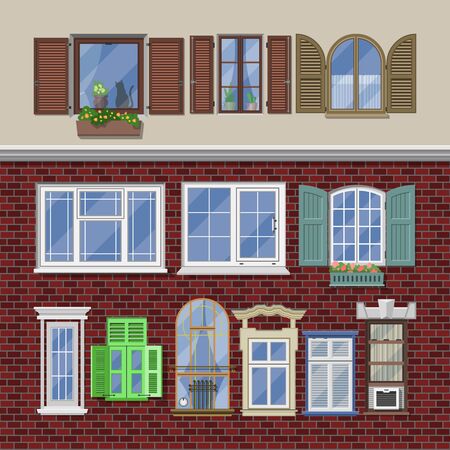 Window vector modern house view glass frame arch illustration set of windowing design windowpane arching decoration blind of architecture isolated on brick wall backgroundのイラスト素材