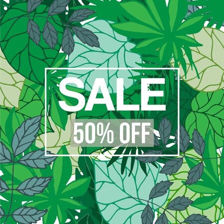 Tropical jungle foliage with sale text, vector illustration. Green exotic foliage background with palm trees and leaves and white frame with sale or discount.のイラスト素材
