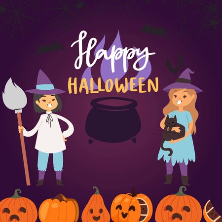 Happy Halloween greeting card, vector illustration. Girls witches in a fancy dress with pumpkins, cat, broom and magic cauldron for Halloween.のイラスト素材