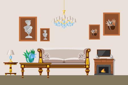 Interior of the living room in old victorian style with lounge and classic style furniture, vector illustration. Classical interior and furniture with fireplace, pictures and chandelier.のイラスト素材