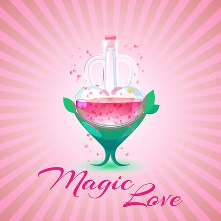 Romantic love potion in a heart shaped glass flask, vector illustration. Postcard for Saint Valentine s Day. Love magic potion on retro stripped background.のイラスト素材