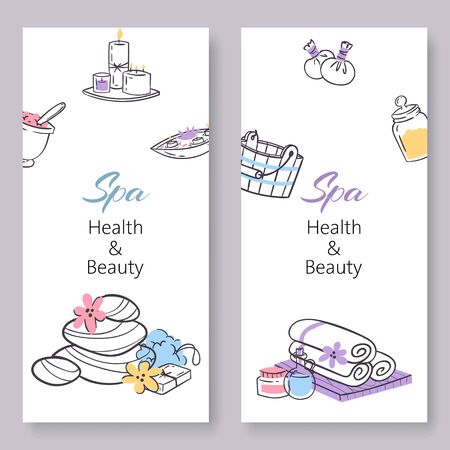 Spa health and beauty vector doodles illustration banners set. Beauty concept for manicure, pedicure spa salon or shop, health club supplies, tools and text.のイラスト素材