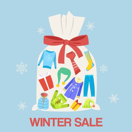 Winter gifts sale and discount vector illustration. Bag with ribbon of winter gifts cloths and presents on snowflakes background. Banner for cloths sale.のイラスト素材