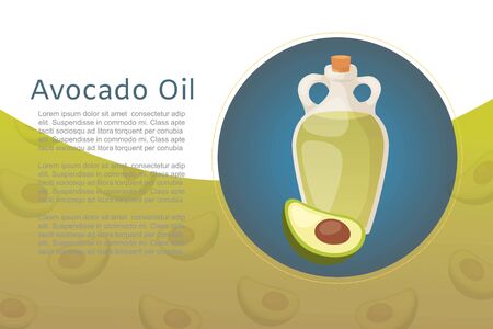 Avocado oil bottle and fruit for healthy cooking food and cosmetics vector illustration. Vial with healthy cooking oil and avocado for aroma therapy, cosmetic, restaurant, organic shop poster.のイラスト素材