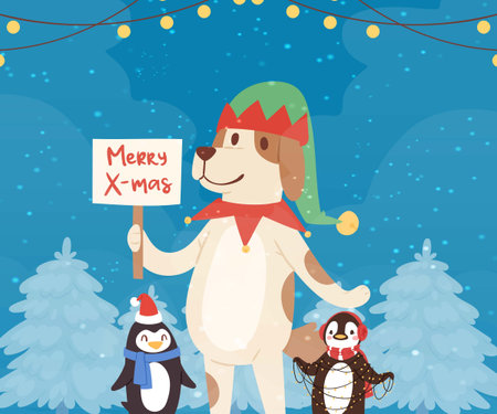 Merry christmas funny dog and penguins in red santa hats in winter forest, garlands cartoon vector illustration. Christmas animals characters for poster, greeting, postcard or greeting card.のイラスト素材