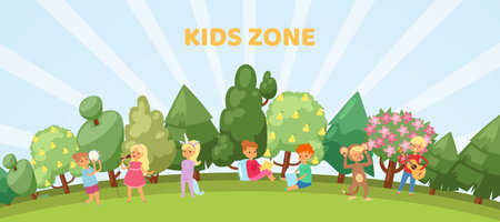 Kids zone banner, playroom or park playground outdoors vector illustration banner. Kid s zone theme with summer park and classes for children.のイラスト素材