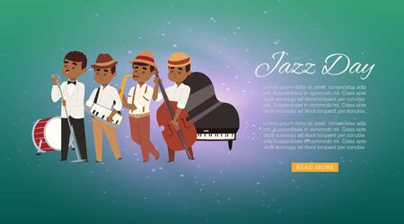 Jazz band with cartoon characters singer, saxophonist and double-bass player musicians web banner vector illustration. Jazz band concert party webpage.のイラスト素材