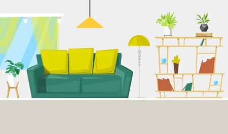 Living room interior design with furniture cartoon vector illustration. Living room design with sofa, lamp and home shelves, windows. Contemporary interior of furnished home in bright colors.のイラスト素材