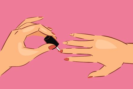 Nail art salon concept background with female manicured hands and fingers with nail polisher bottle cartoon vector illustration. Manicure hands closeup poster.のイラスト素材