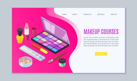 Makeup visagist and beauty courses of make up cosmetics studio web template, vector illustration. Brushes, eyeshadow make up and colors for make up artists.のイラスト素材