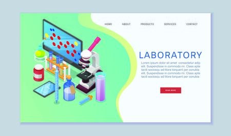 Chemistry laboratory analysis web banner vector illustration. Chemist research laboratory workspace. Chemical reactions web research with cartoon flasks, beakers and computer monitor with atoms.のイラスト素材