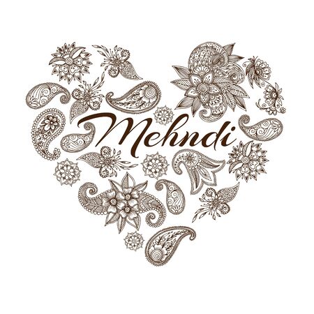 Mehendi oriental floral ornament in indian mehndi style in heart shape, vector illustration. Abstract henna mehndi floral design heart on white background poster.のイラスト素材