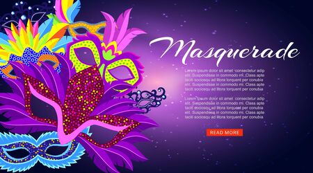 Masquerade, carnival or Mardi Gras banner with cartoon masks and feathers banner vector illustration. Venetian festival holiday masquerade colorful invitation.のイラスト素材