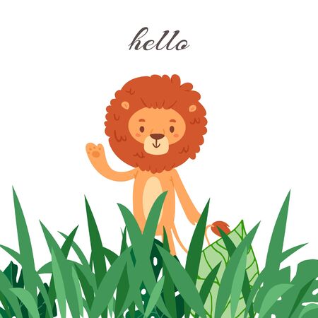 Cartoon funny lion waving hand and saying hello vector illustration card for kids. Toy lion for childrens kindergarden poster or banner.のイラスト素材