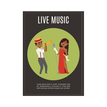 Live music band playing jazz with female black singer and saxsophonist cartoon vector illustration. Musical instrument and live music party or concert or festival event poster.のイラスト素材