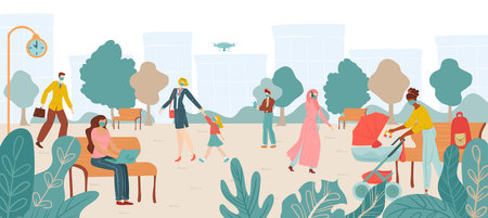 Coronavirus epidemic in china people and children characters wearing protective face masks on street in city vector illustration. Protection against coronavirus desease on chinese city streets.のイラスト素材