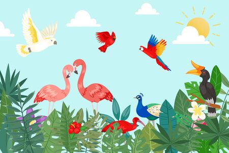 Tropical birds in exotic nature with palm and banana leaves on blue sky backdrop vector illustration. Tropical plants, flowers and birds flamingo, toucan, parrots. Hawaii summer nature poster.のイラスト素材